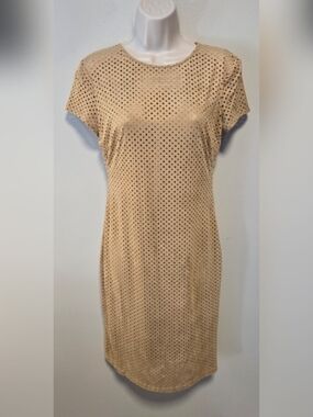 Bisou Bisou Beige Perforated Suede-like Short Sleeve Shift Dress Size 4